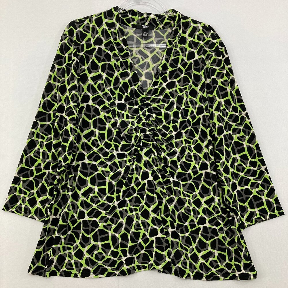 Alfani size 2X Black Green Abstract Pattern Ruched Front Stretch Knit Top Office